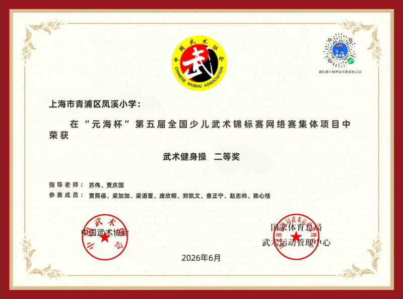 凤溪小学在 “元海杯” 第五届全国少儿武术锦标赛网络赛集体项目中荣获 武术健身操 二等奖